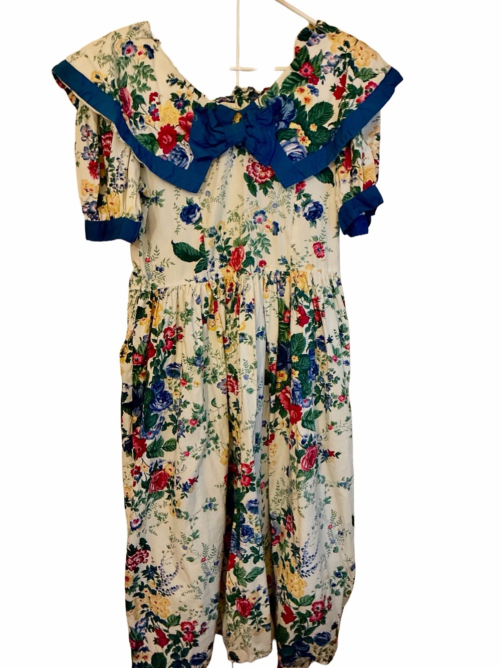 Floral Dress Cream with Blue Trim